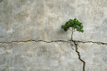 A tree demonstrating resilience by growing out of a crack in a concrete wall. Generative AI
