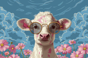 Naklejka premium A cow with glasses is standing in a field of flowers
