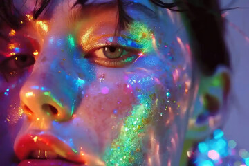 Close-up of a woamn face illuminated by colorful, neon lights reflective skin , shimmery effect, with hues of blue, pink, and yellow, highlighting the cheekbones, eye, and nose. 
