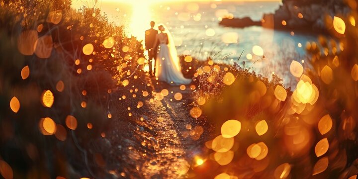 Wedding photo at sunset by the beach