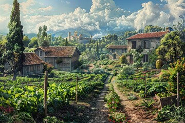 A painting depicting a quaint village in the countryside with rustic houses, a church, and lush greenery. Generative AI