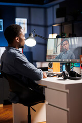 Applicant meeting with recruiter at remote job interview, attending videocall connection to ask...