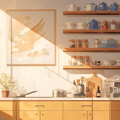 Inviting Homey Kitchen Displaying Warm Aesthetics and Wooden Shelves Filled with Ceramics and Cooking Utensils
