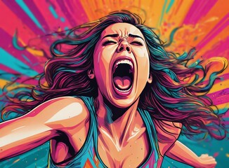 Colorful illustration of a screaming long haired woman
