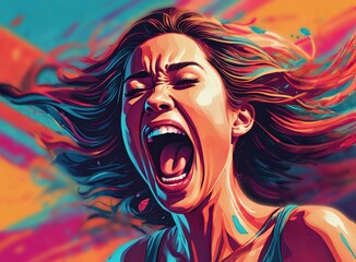 Colorful illustration of a screaming long haired woman
