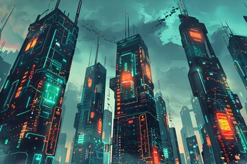 A futuristic city with neon lights, showcasing modern buildings and a glowing skyline. Generative AI