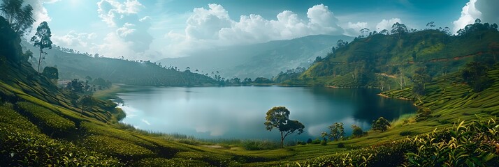 Landscape of tea plantation near a lake realistic nature and landscape
