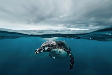 A penguin is swimming in the ocean. The water is blue and the sky is cloudy