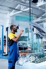 BIPOC mechanic in repair shop using augmented reality holograms to check car performance parameters...
