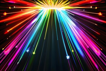Bright iridescent multicolored rainbow rays dissipate on a black background.