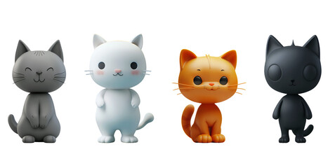 Cute Set of Cats in 3D Cartoon Illustration Style: White, Gray, Black, and Orange, Isolated on Transparent Background, PNG