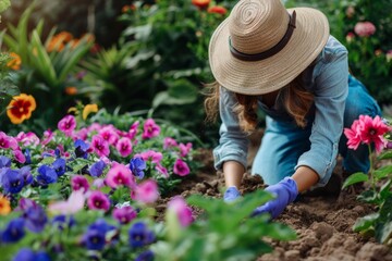 Woman in straw hat diligently plants variety of colorful flowers in lush garden bed, surrounded by vibrant blooms