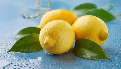 Fresh lemons with leaves on wet surface. Tasty citrus fruit. Organic and healthy. Blue background
