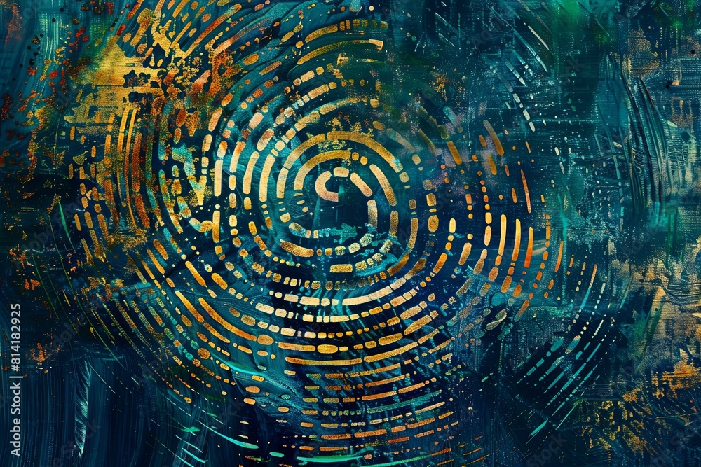 Poster a digital representation of a finger print in shades of blue and gold, creating an abstract and intr