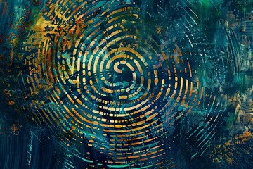 A digital representation of a finger print in shades of blue and gold, creating an abstract and intricate pattern. Generative AI