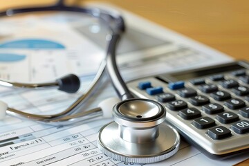 stethoscope and calculator on medical billing statement healthcare financial concept photo