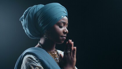 portrait of a sikh woman praying against light on dark background with copy space 
