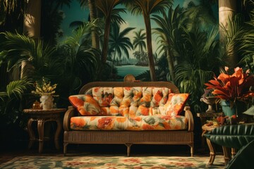 Classic styled sofa with floral cushions in a room with lush tropical wallpaper and elegant decor