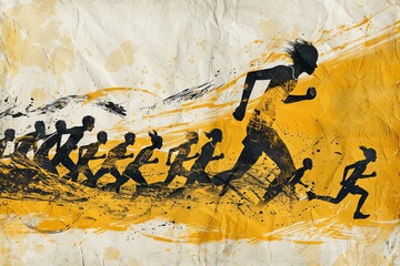 A painting depicting a group of people enthusiastically running in front of a vibrant yellow background. Generative AI