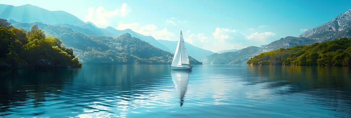 landscape of white sailboat in lake with blue water and people sport action realistic nature and...