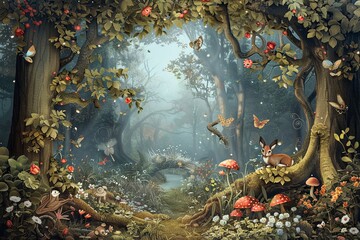 A painting depicting a forest scene with vibrant butterflies fluttering around colorful mushrooms. Generative AI