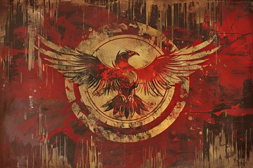 A painting featuring a detailed depiction of an eagle against a vibrant red backdrop. Generative AI