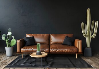 Modern living room interior with a leather sofa and black wall mockup, coffee table and cactus in a minimal home design
