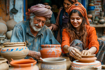 Elderly Potter Teaching Young Woman Traditional Craftsmanship