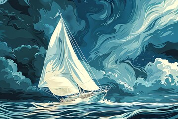 A painting of a sailboat with billowing sails navigating through the vast ocean waters. Generative AI