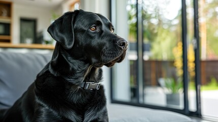 A black Labrador in a big house, sitting and looking out the window