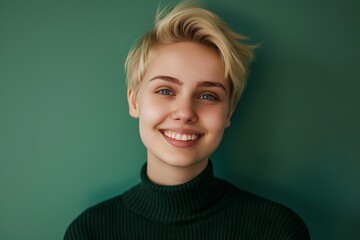 Fototapeta premium Smiling Blond Woman in Green Sweater. Generative AI.