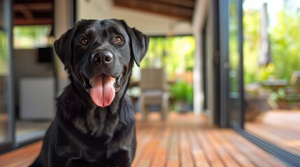 A black Labrador dog is sitting on the wooden floor of the house with his tongue sticking out. The dog looks happy and relaxed