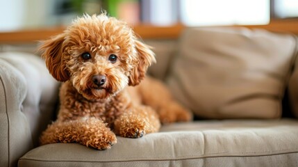 A photo of a small brown poodle lying on the couch. The atmosphere is cozy and inviting