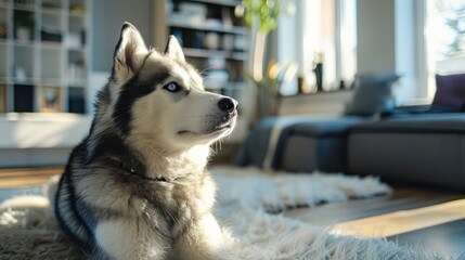 Photo Siberian husky with blue eyes lies in the house in the living room