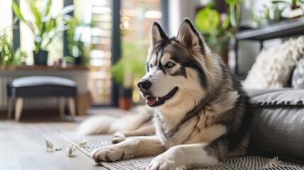 An Alaskan malamute with blue eyes is lying on a rug by the sofa, and looks happy