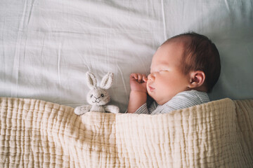 Newborn sleep at first days of life. Portrait of new born baby one week old with cute soft toy in...