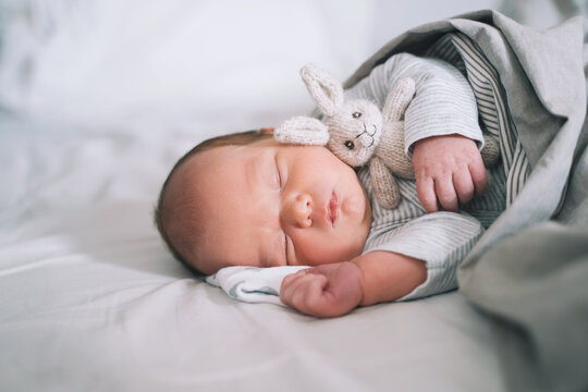 Newborn sleep at first days of life. Portrait of new born baby one week old with cute soft toy in crib in cloth background.