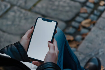 a person using a smartphone with a blank screen, suitable for illustrating technology, communication, and social media concepts