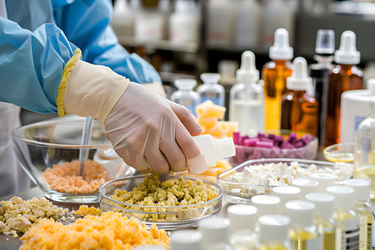 a cosmetic scientist's hands mixing and formulating skincare products in a laboratory