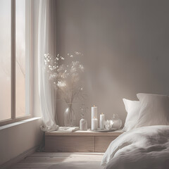 Serene bedroom sanctuary with organic linens and a curated vignette of dried flowers on the windowsill.