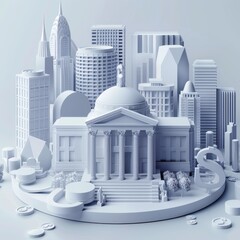 Monochromatic Cityscape with Classical Architecture and Financial Symbols