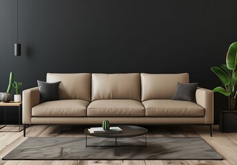 Modern living room interior with a beige leather sofa and black wall mockup, coffee table, cactus plant, wooden floor, dining area in the background