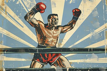 A vintage-style boxing poster showcasing a boxer in action inside the ring, ready for a fierce match. Generative AI