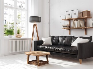 Modern living room with a black leather sofa and wooden coffee table, white walls and floor,