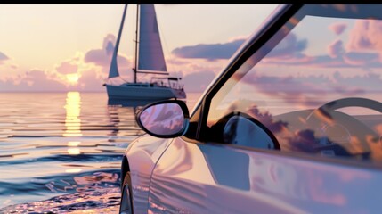 Tranquil sunset drive by the sea with a view of a sailing yacht