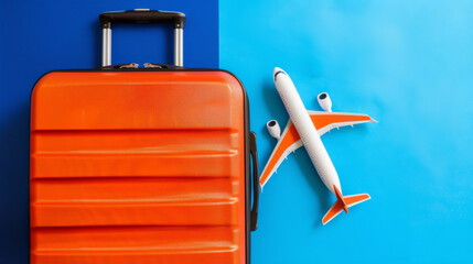 Vibrant travel concept with orange suitcase and airplane model