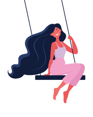 Vector illustration in flat magazine style. A young woman sits serenely on a swing. The concept of an easy and happy life, prosperity and tranquility