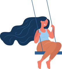 A girl swings on a swing. Carefree and happy young woman laughs while sitting on a rope swing. Vector flat illustration