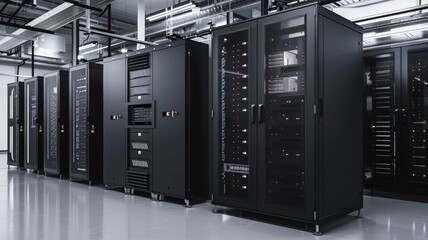 Image shows a modern data center with rows of server racks. The servers are black and the room is brightly lit.