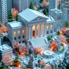 Detailed Snow-Covered Monochromatic Cityscape with Classical Architecture